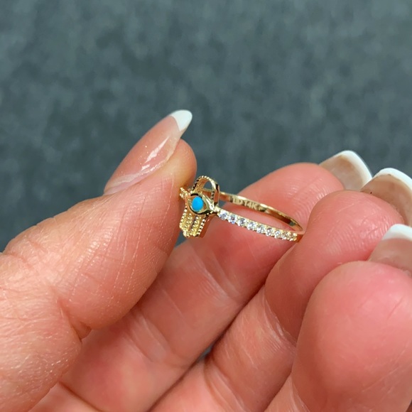 New 14K Yellow Gold Blue CZ Hamsa Ring Band - Picture 8 of 10